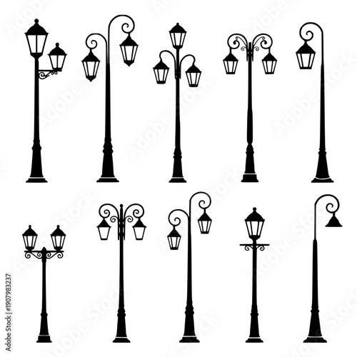 black street lamp post vector icons, urban lighting fixtures, city lanterns, for cityscape or infrastructure illustration isolated PNG with Transparent Background