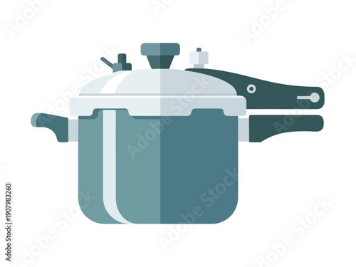 Stylized illustration of a teal and white stovetop pressure cooker