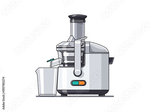 Stylized illustration of a vertical slow masticating juicer with a collection cup