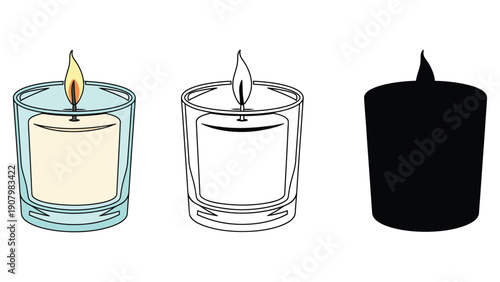 Three different representations of a lit candle in a glass holder.