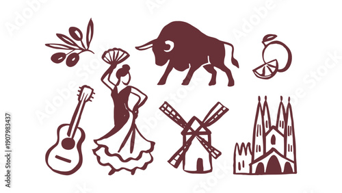 Collection of Spanish cultural icons including a bull, flamenco dancer, and guitar.