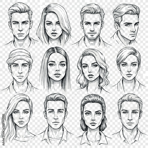 Create on pencil drawn people set. portrait woman man monochrome, stroke sketch line drawing ink variety vector illustration.