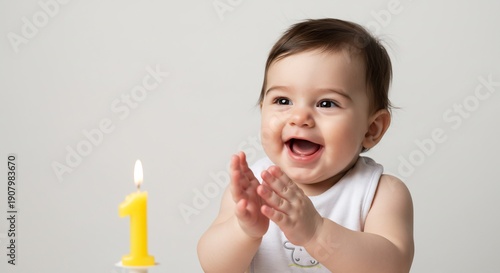純粋な笑顔で手を叩く一歳の赤ちゃん 明るく温かい光が特別な誕生日を祝福する美しい情景. AI Generated