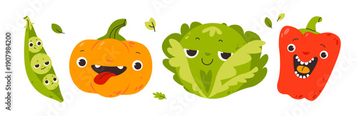 Cute Cartoon Vegetables with Funny Faces. Smiling vegetable characters for kids. Healthy food concept promoting nutrition, organic farming, and food education.