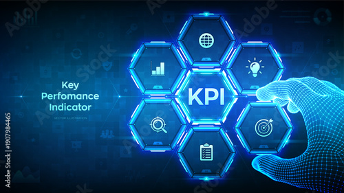 KPI. Key performance indicator business and industrial analysis technology concept on virtual screen. Wireframe hand places an element into a composition visualizing KPI. Vector illustration.