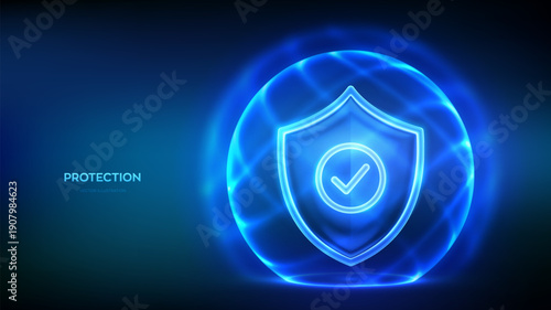 Protection shield with check mark inside glowing dome and protective energy field on blue background. Cyber security, network safety, healthcare and insurance technology concept. Vector illustration.