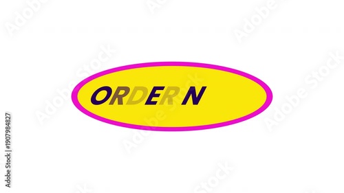 Order now retro oval sticker animated loop. Call-to-action button. Online sale promotion. Ecommerce CTA. Badge label animation. Social media reels overlay. 4K video element. Playful motion graphic