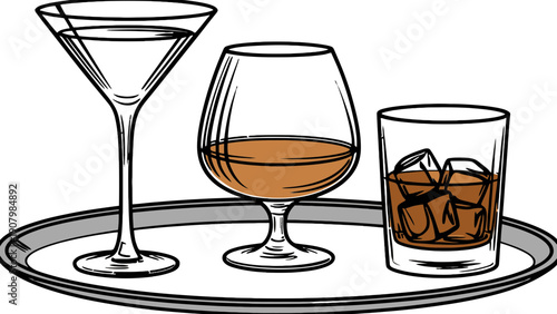 Three different glasses of alcoholic beverages sit on a silver tray.
