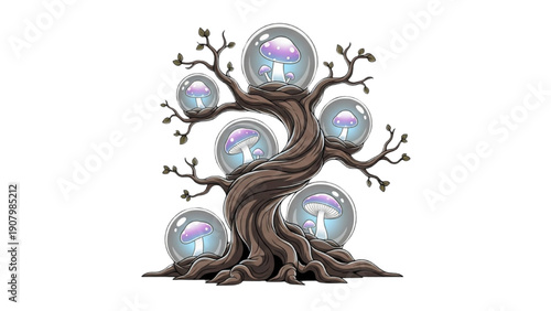 Twisted tree branches with crystal balls, serene landscape illustration, surreal artwork from a unique viewpoint