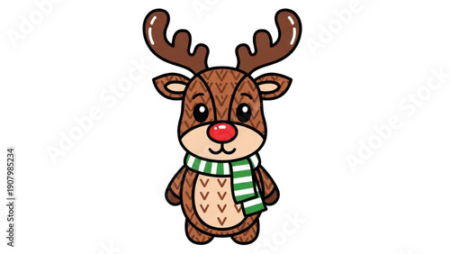 A cartoon reindeer wearing a scarf stands alone on a plain white background viewed from the front