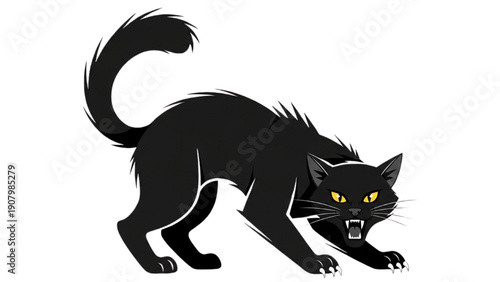 A black cat with yellow eyes is crouching and hissing aggressively, illustration, animal, feline, wildlife, domestic