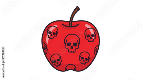 An illustration of a red apple with skulls on a plain background from a direct viewpoint