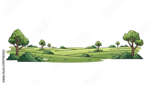 A serene landscape illustration featuring trees and grassy hills from a distant viewpoint