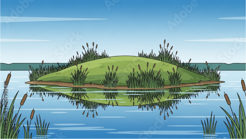 Serene lake scene with lush greenery and reflections on calm waters from a distant viewpoint