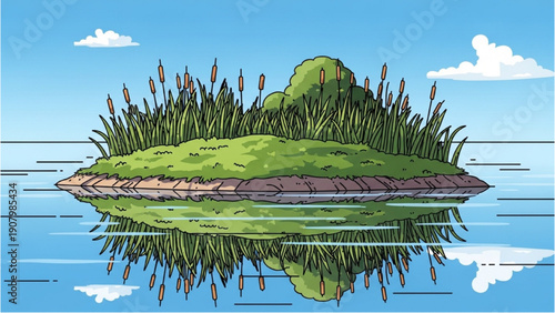 A serene island with lush greenery surrounded by calm waters reflecting the sky