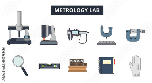Illustrations of metrology lab equipment and supplies laid out against a white background