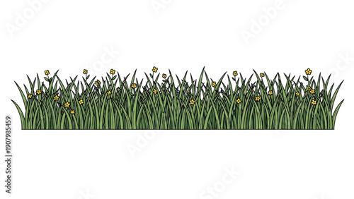 Illustration of lush green grass with vibrant wildflowers in a serene landscape viewed from the side