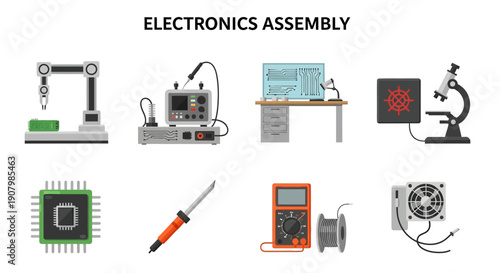 Illustrations of electronic assembly tools and components on a white background