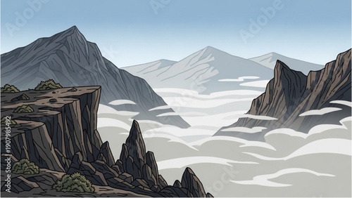 Majestic mountains rise above the foggy valley landscape viewed from a rocky cliff