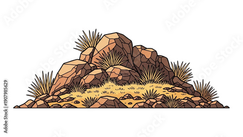 Rocks surrounded by desert plants in a dry landscape illustration from a frontal viewpoint