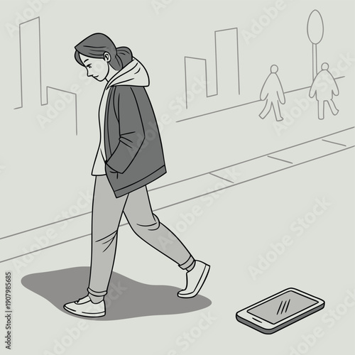 Minimal illustration of person walking away from smartphone, digital detox concept symbolizing screen break, mindful living, tech life balance and disconnecting from social media!!