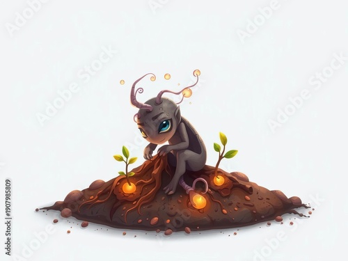 Wallpaper Mural Whimsical illustration of a tiny earth elemental, formed from swirling soil and glowing roots, tending to a miniature plant,  drawing,  soil Torontodigital.ca