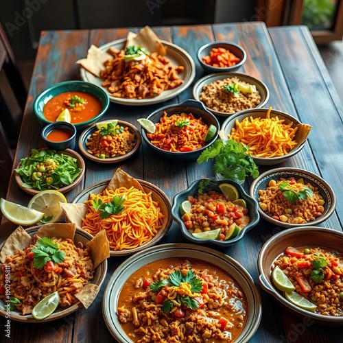 Wallpaper Mural Wooden table laden with colorful Mexican dishes, vibrant and inviting ,  flavorful,  food photography Torontodigital.ca