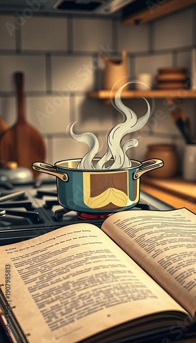 Wallpaper Mural Whimsical sketch of bubbling pot on stovetop, worn cookbook pages,  handcrafted,  nostalgic Torontodigital.ca