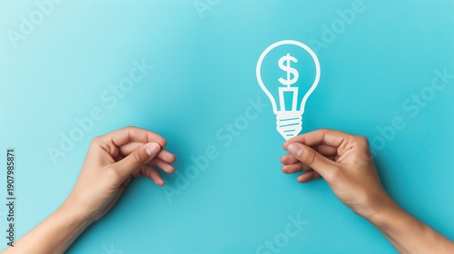 Two hands exchange a paper lightbulb with a dollar sign drawing, symbolizing the transfer of a profitable business idea. Great for finance.