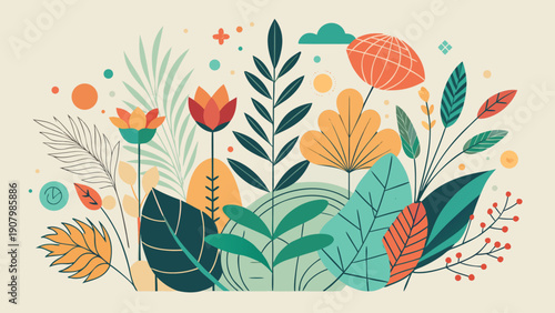 A vibrant and colorful illustration of various flowers and leaves on a beige background