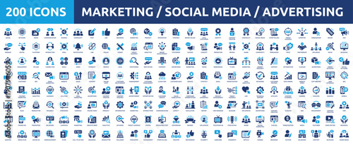 Huge set of 200 solid icons. Mega collection concept of marketing, social media, advertising and business strategy. Vector illustration.