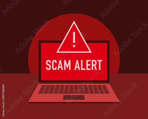 Scam alert warning concept. Laptop with red warning sign and “Scam Alert” text on a glowing red screen. Red emergency background symbolizing danger, alert, and cyber threat.