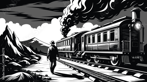 A man walks alongside a vintage steam train in a mountainous landscape