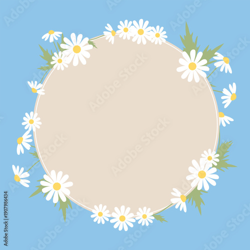 Round frame with floral ornament. Wreath of laurel, chamomile, or daisies. Spring illustration. Vector.