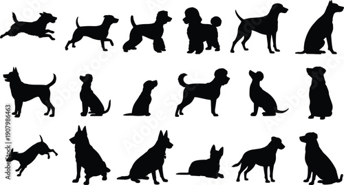 Dog silhouette collection with various breeds sitting standing running playful poses isolated on white background flat vector illustration