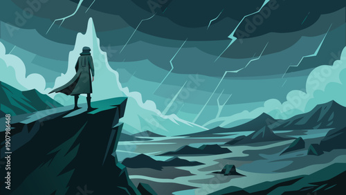 A lone figure stands on a cliff edge during a dramatic storm