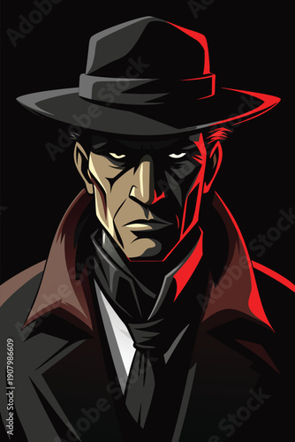 A mysterious cartoon man wearing a black hat and coat