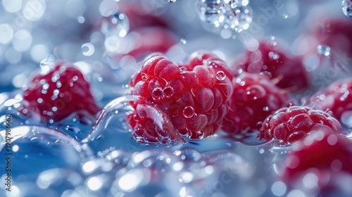A vibrant, high-speed macro photograph capturing fresh red raspberries splashing dynamically in cool blue water, creating bubbles and water drops. Ideal for healthy food, summer drink.