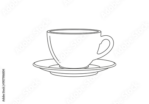 A simple line drawing of a teacup and saucer on a plain background viewed from the side