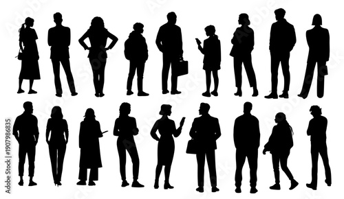 Set of monochrome vector silhouettes of male, female, and kids characters standing in rear view, simple back view icons isolated on transparent background.