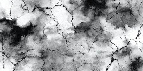 Black and white abstract watercolor background with cracks, resembling marble or stone