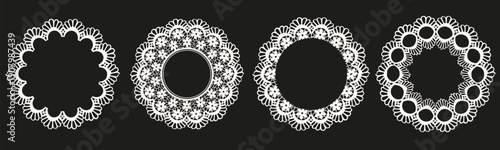Set round white vintage Lace empty Frame isolated black. Circle vintage scallop trim collection. Perfect for retro card design and social media stories reels decor. EPS 10