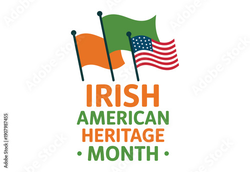Irish American Heritage Month design featuring Irish and American flags with bold typography, symbolic layout celebrating cultural pride, unity, ancestry, and immigrant contributions