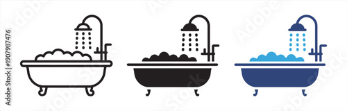 Bathtub icon set. bath tub with shower head icon, vector illustration. Bathtub and Shower Head Icon in Flat and Outline Style.