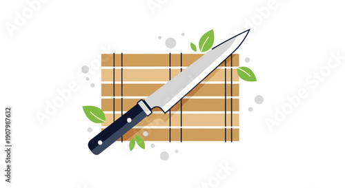 Chef knife and bamboo cutting board illustration