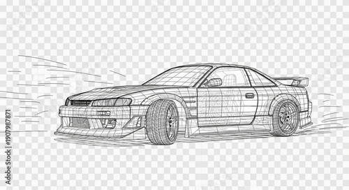Sketch of a sports car drifting on a transparent background.