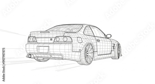 Sketch of a sports car from the rear.