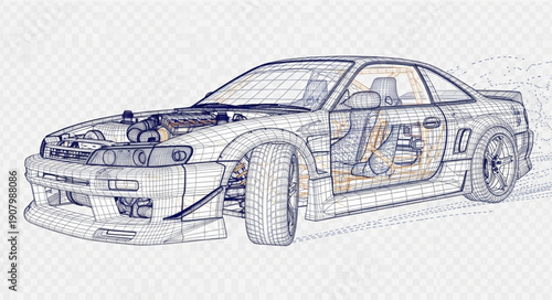 Sketch of Car with Open Hood.