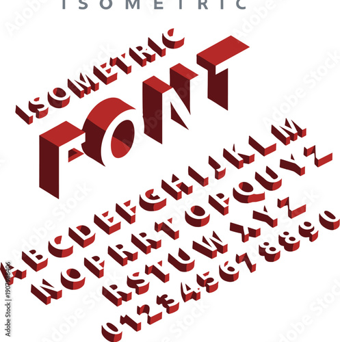 Professional 3D isometric alphabet collection featuring bold red and white extruded font with numbers for architectural branding and gaming graphic design