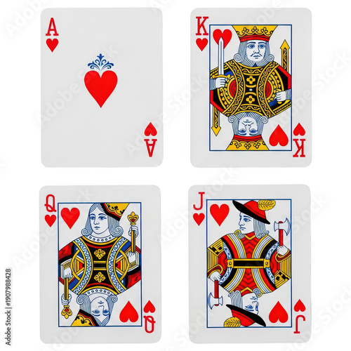 Playing cards Ace, King, Queen, Jack of Spades and Hearts, isolated on white background, classic design